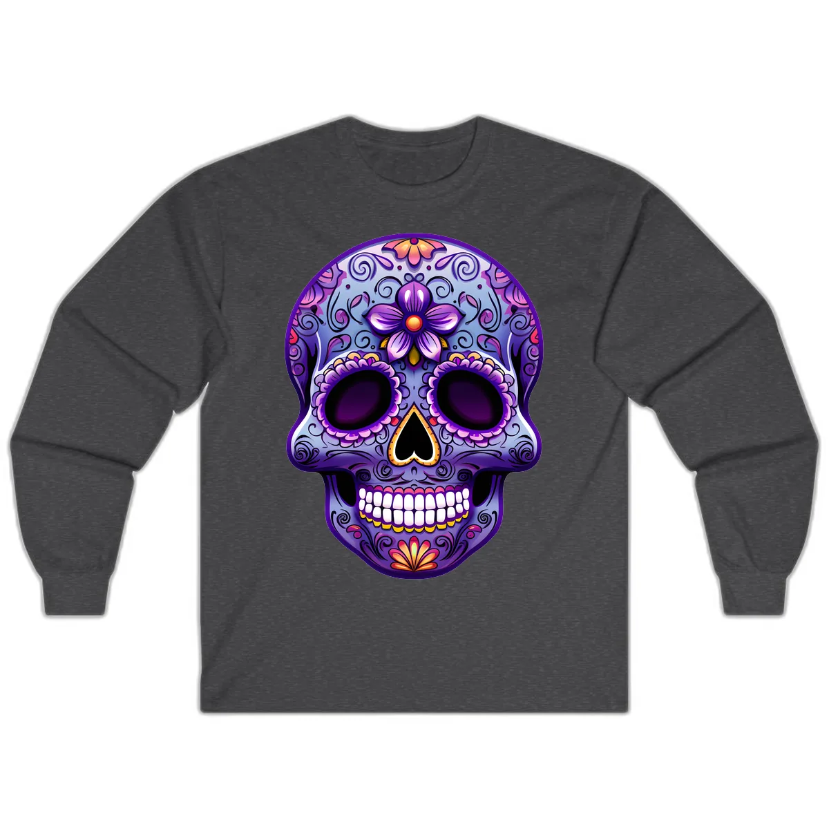 Vibrant Floral Calavera Sugar Skull Art Long Sleeve in Dark Heather