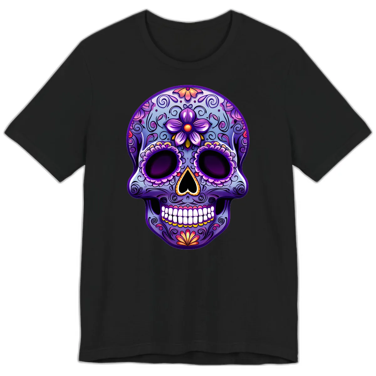 Vibrant Floral Calavera Sugar Skull Art Premium T-Shirt in Black