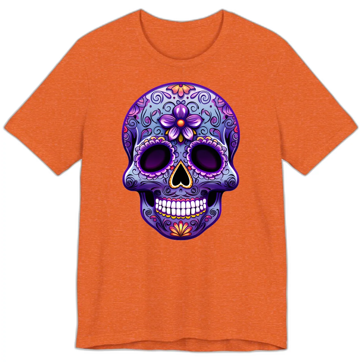 Vibrant Floral Calavera Sugar Skull Art Premium T-Shirt in Heather Orange