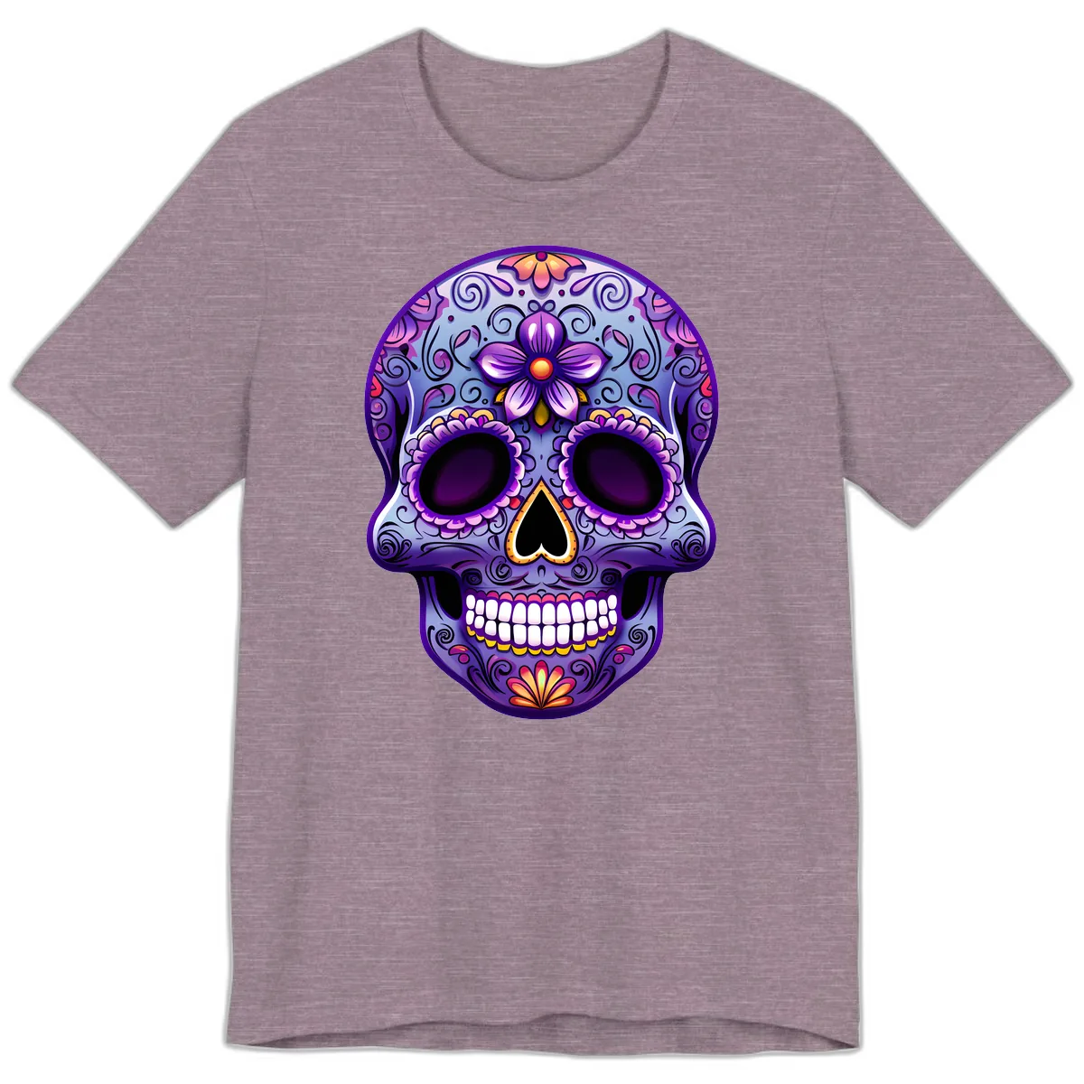 Vibrant Floral Calavera Sugar Skull Art Premium T-Shirt in Heather Purple