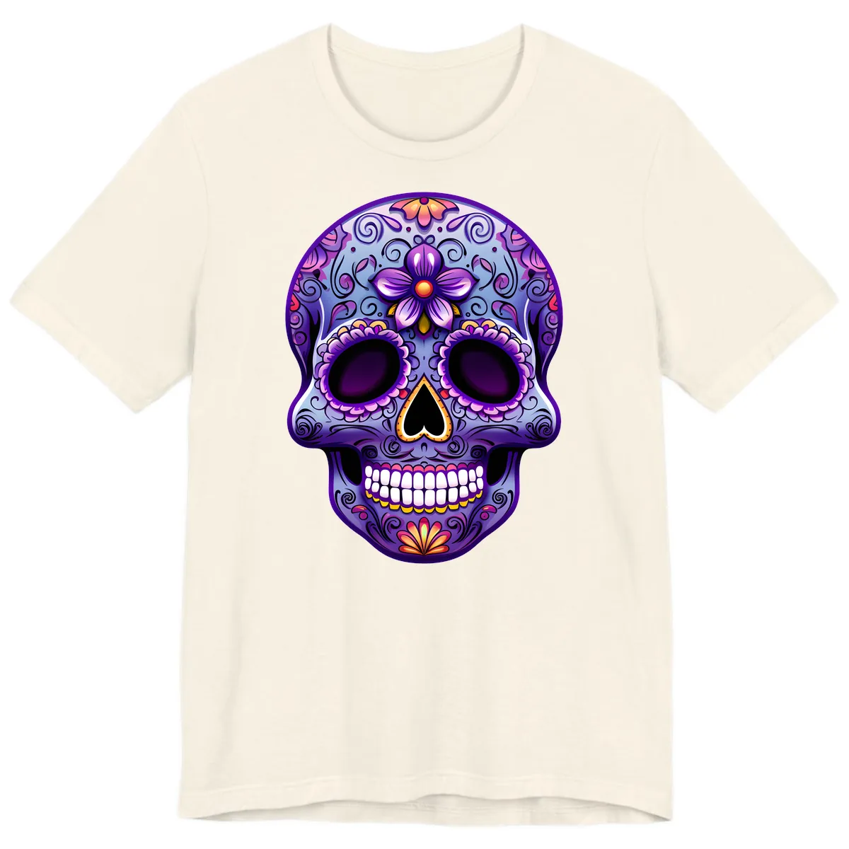 Vibrant Floral Calavera Sugar Skull Art Premium T-Shirt in Natural