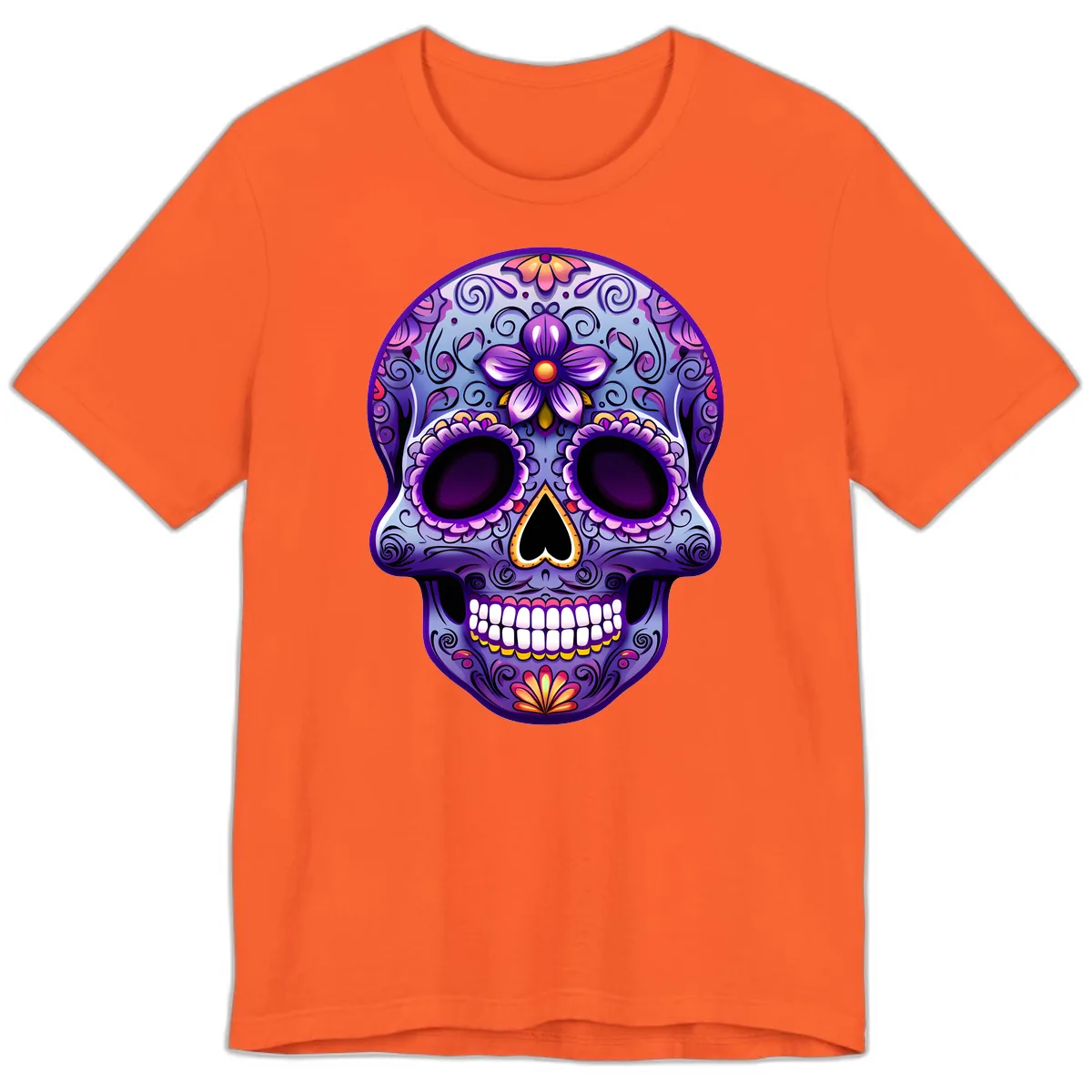 Vibrant Floral Calavera Sugar Skull Art Premium T-Shirt in Orange