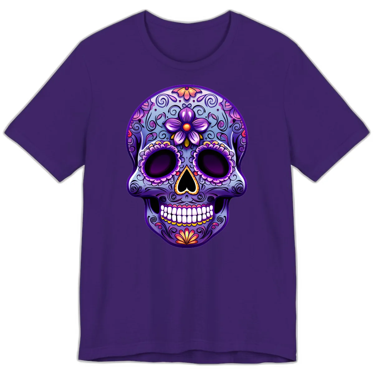 Vibrant Floral Calavera Sugar Skull Art Premium T-Shirt in Team Purple
