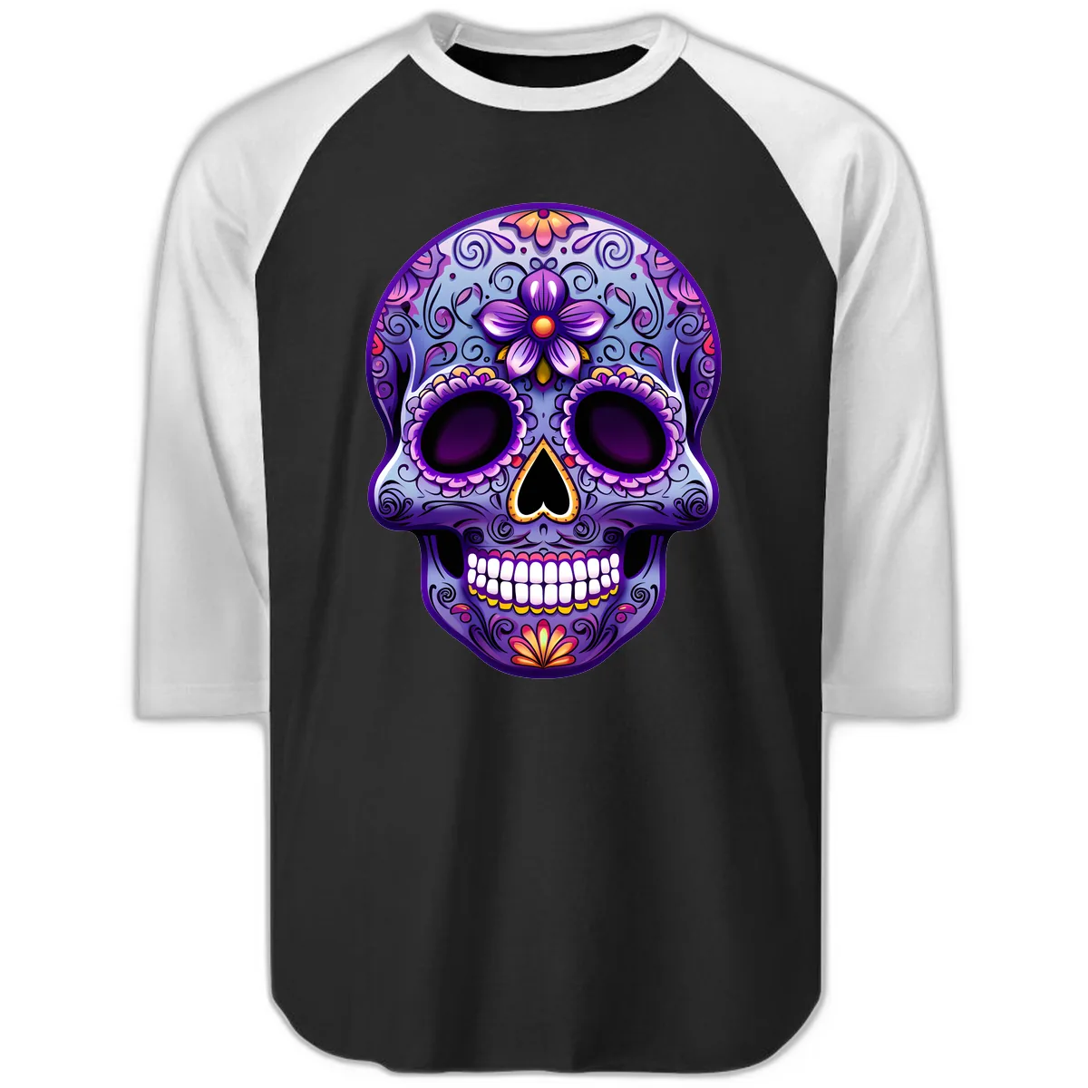 Vibrant Floral Calavera Sugar Skull Art Raglan 3/4 in Black White