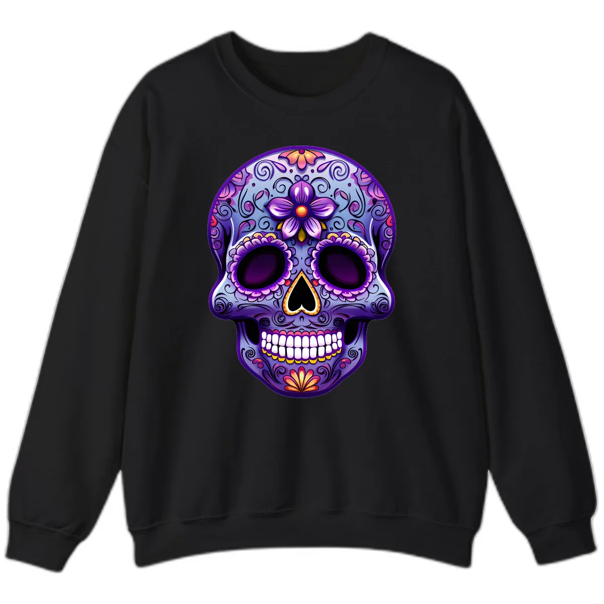 Vibrant Floral Calavera Sugar Skull Art Sweatshirt in Black