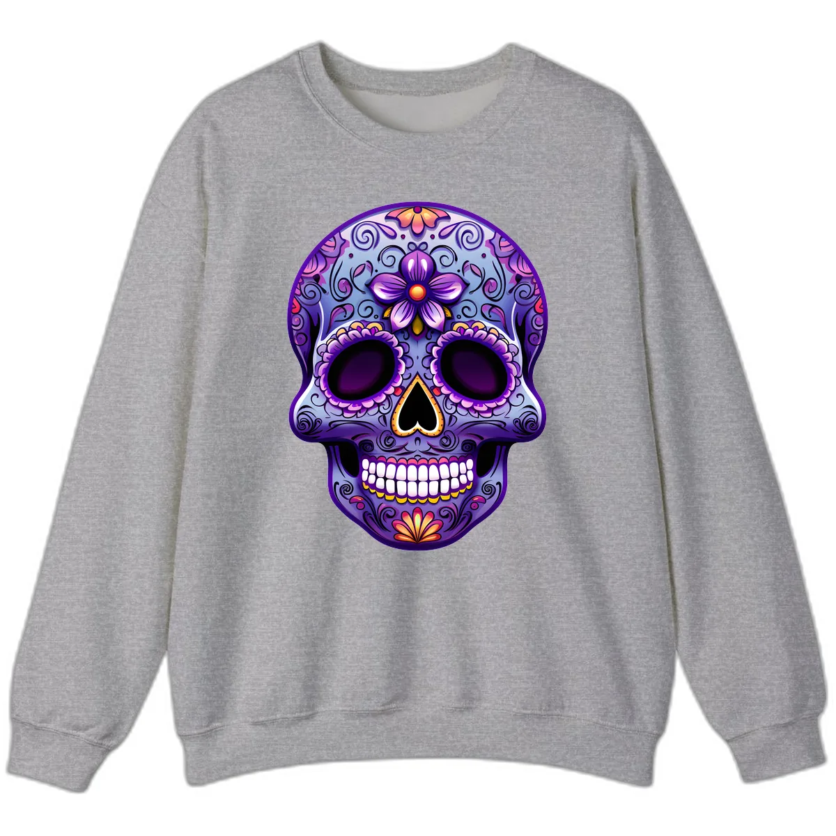Vibrant Floral Calavera Sugar Skull Art Sweatshirt in Sport Grey
