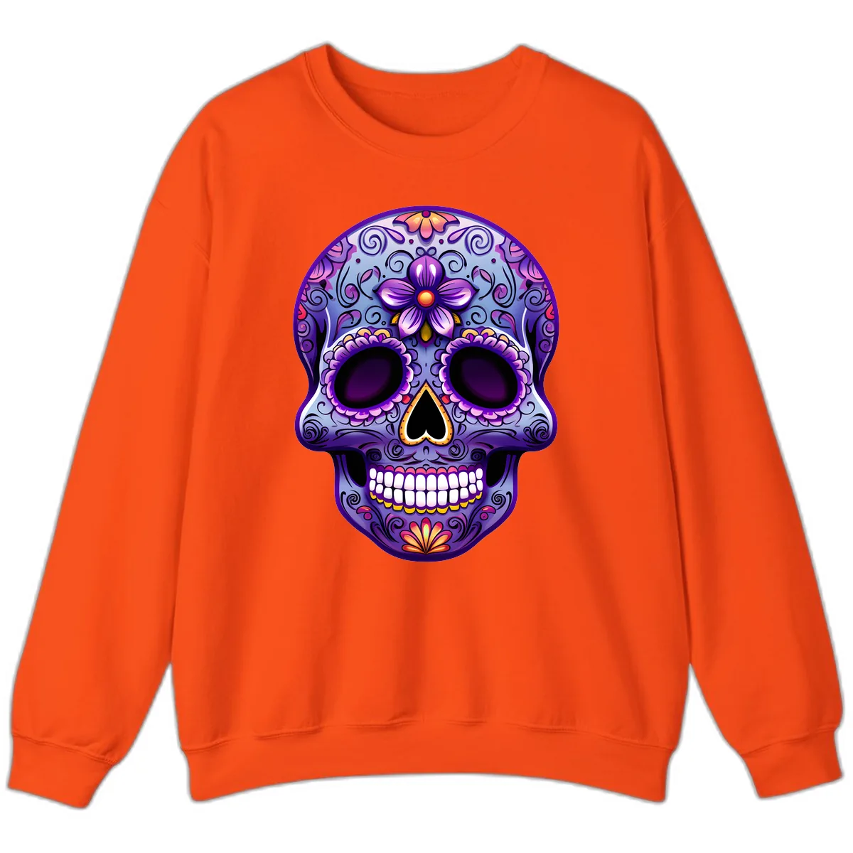 Vibrant Floral Calavera Sugar Skull Art Sweatshirt in Orange