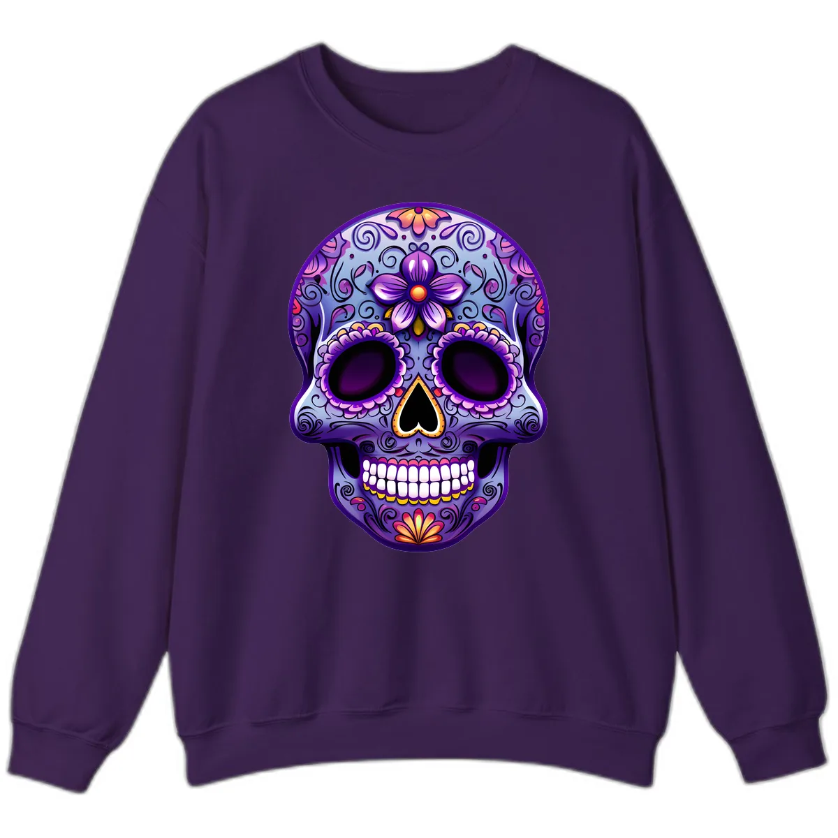 Vibrant Floral Calavera Sugar Skull Art Sweatshirt in Purple