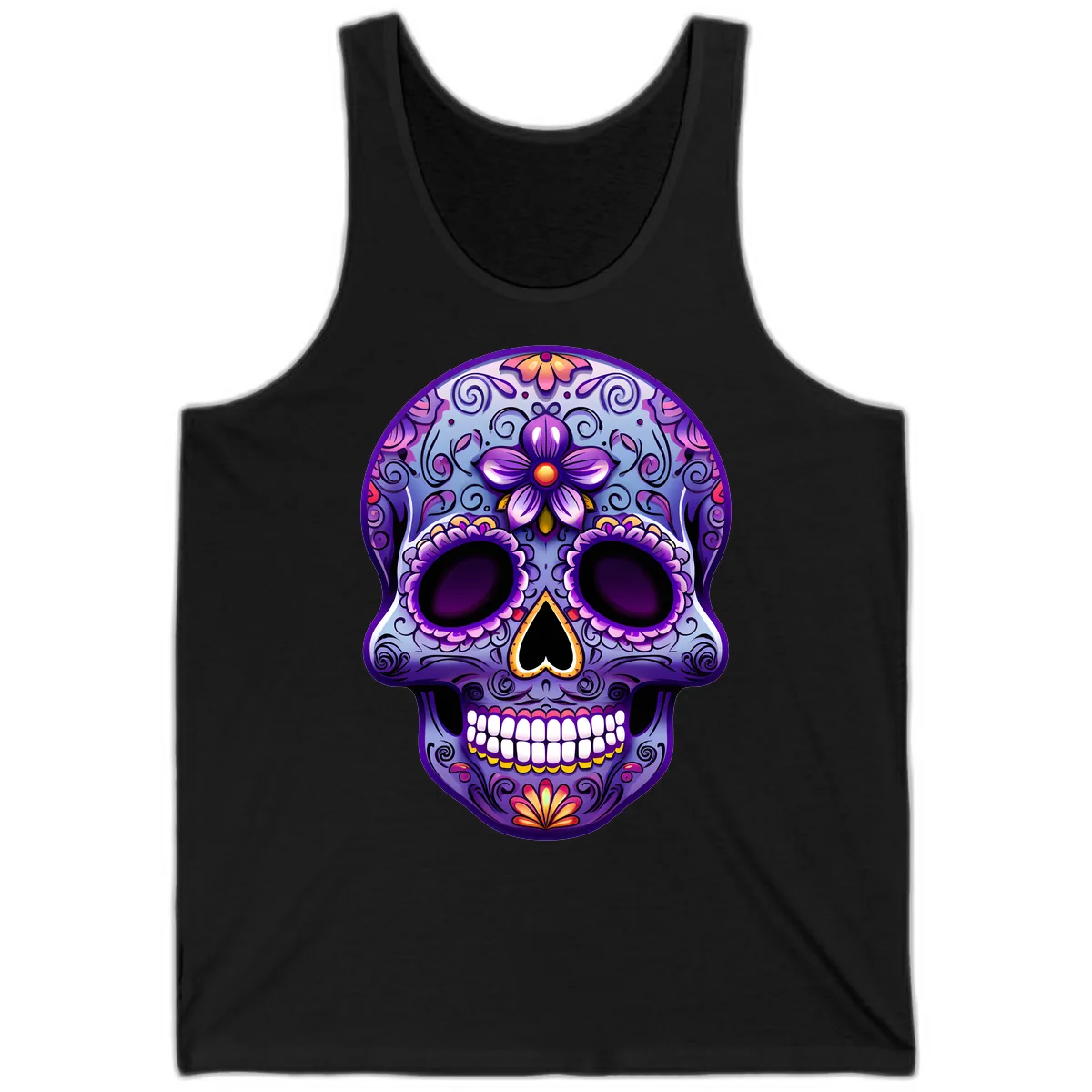 Vibrant Floral Calavera Sugar Skull Art Tank in Black