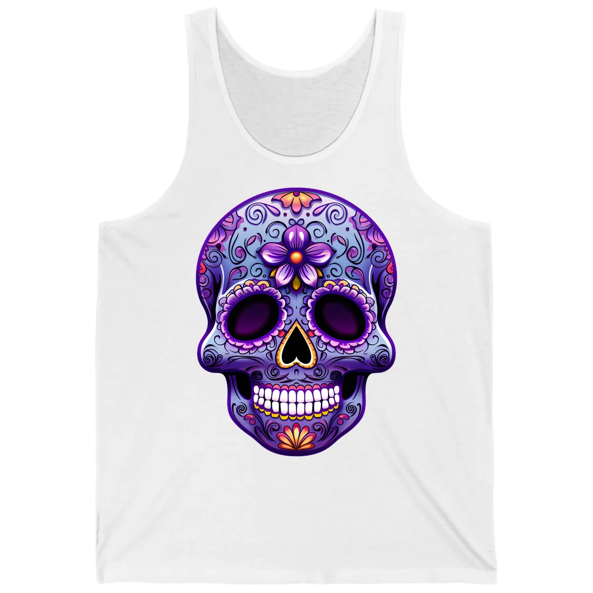 Vibrant Floral Calavera Sugar Skull Art Tank in White