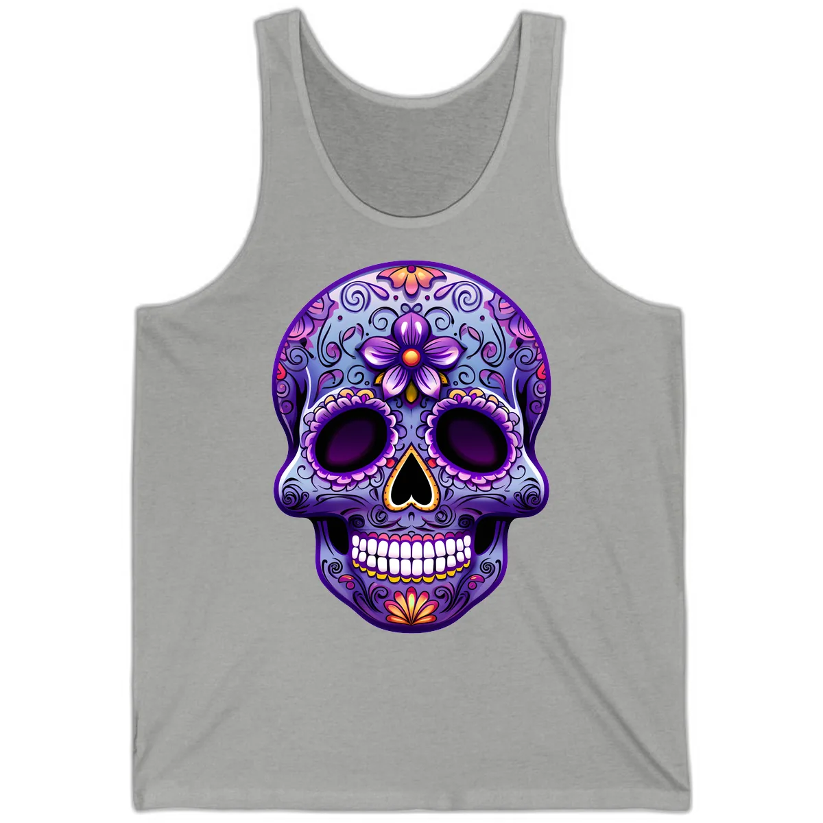 Vibrant Floral Calavera Sugar Skull Art Tank in Athletic Heather
