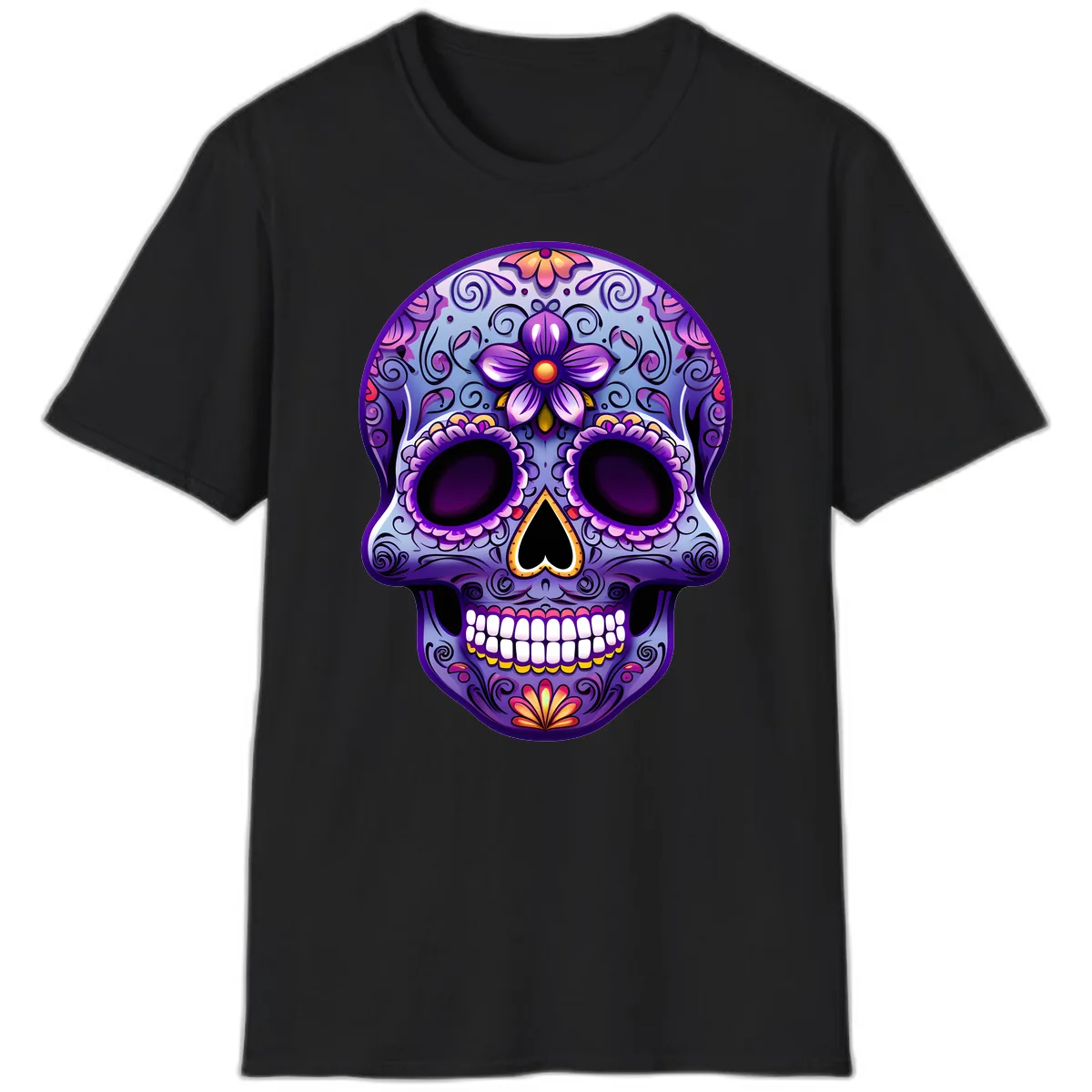 Vibrant Floral Calavera Sugar Skull Art T-Shirt in Black