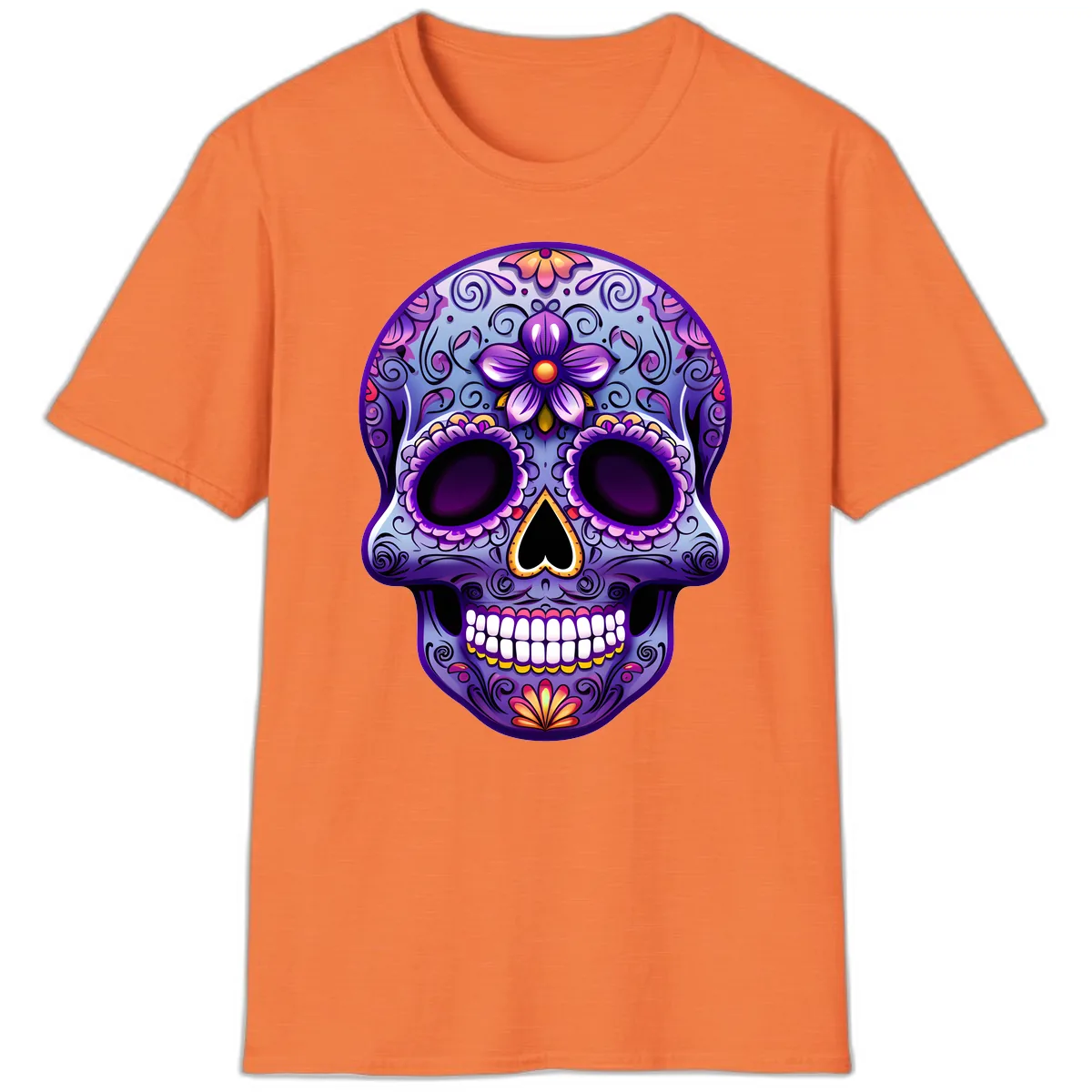 Vibrant Floral Calavera Sugar Skull Art T-Shirt in Heather Orange