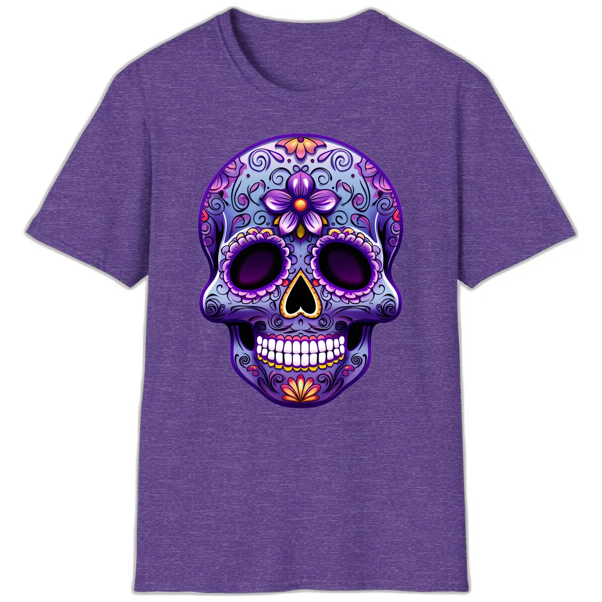Vibrant Floral Calavera Sugar Skull Art T-Shirt in Heather Purple