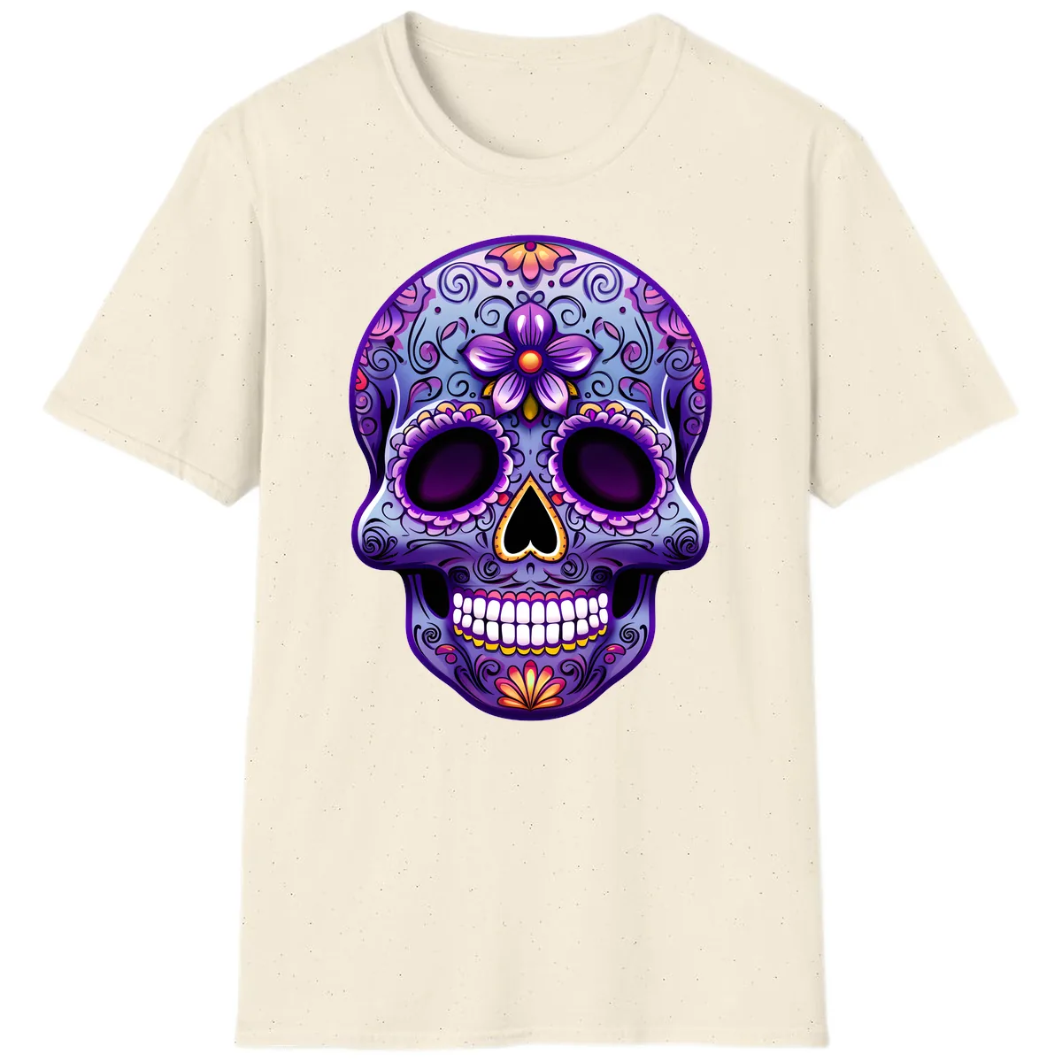 Vibrant Floral Calavera Sugar Skull Art T-Shirt in Natural