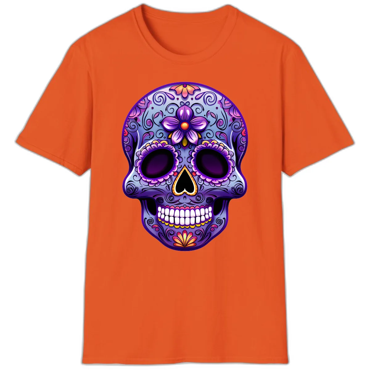 Vibrant Floral Calavera Sugar Skull Art T-Shirt in Orange