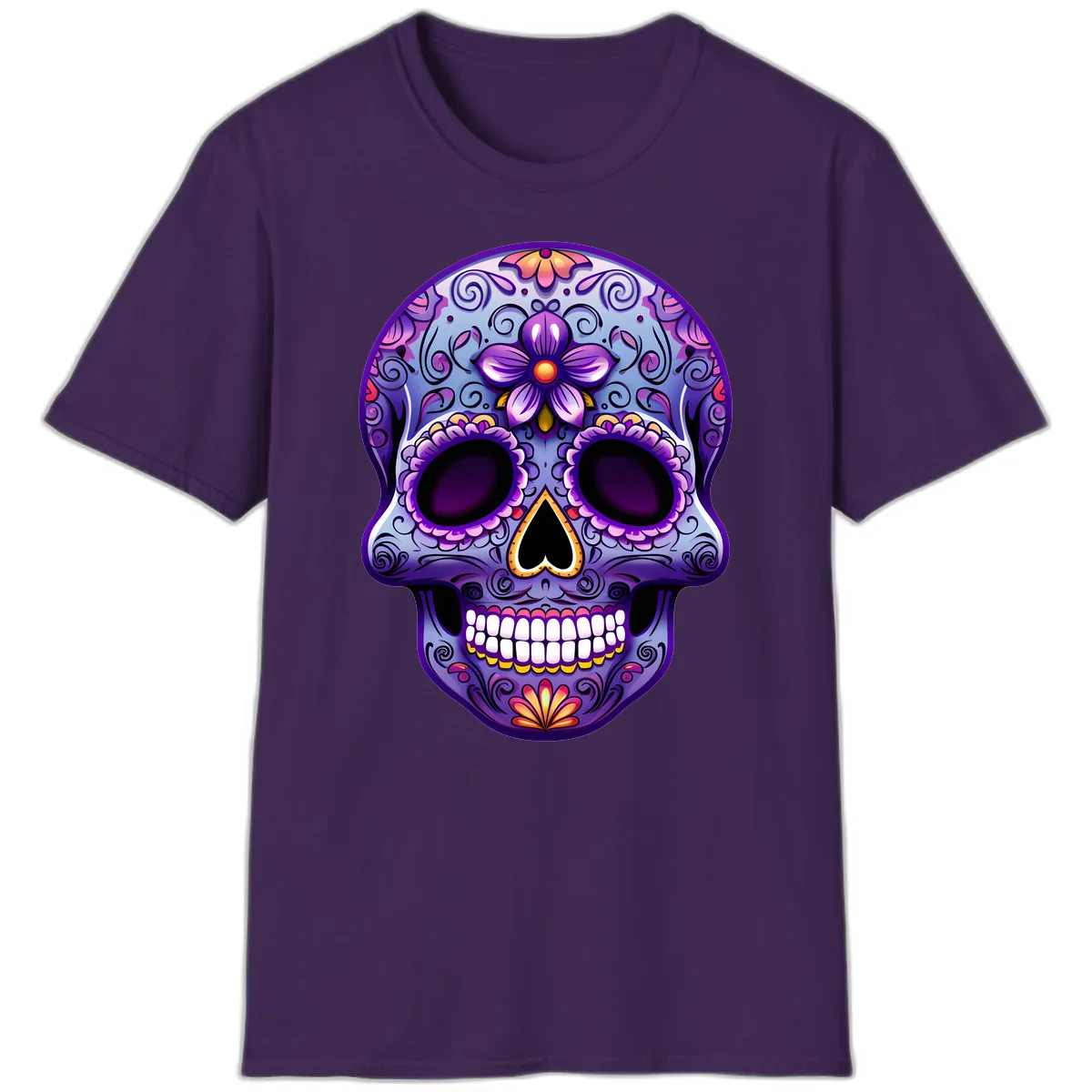 Vibrant Floral Calavera Sugar Skull Art T-Shirt in Purple