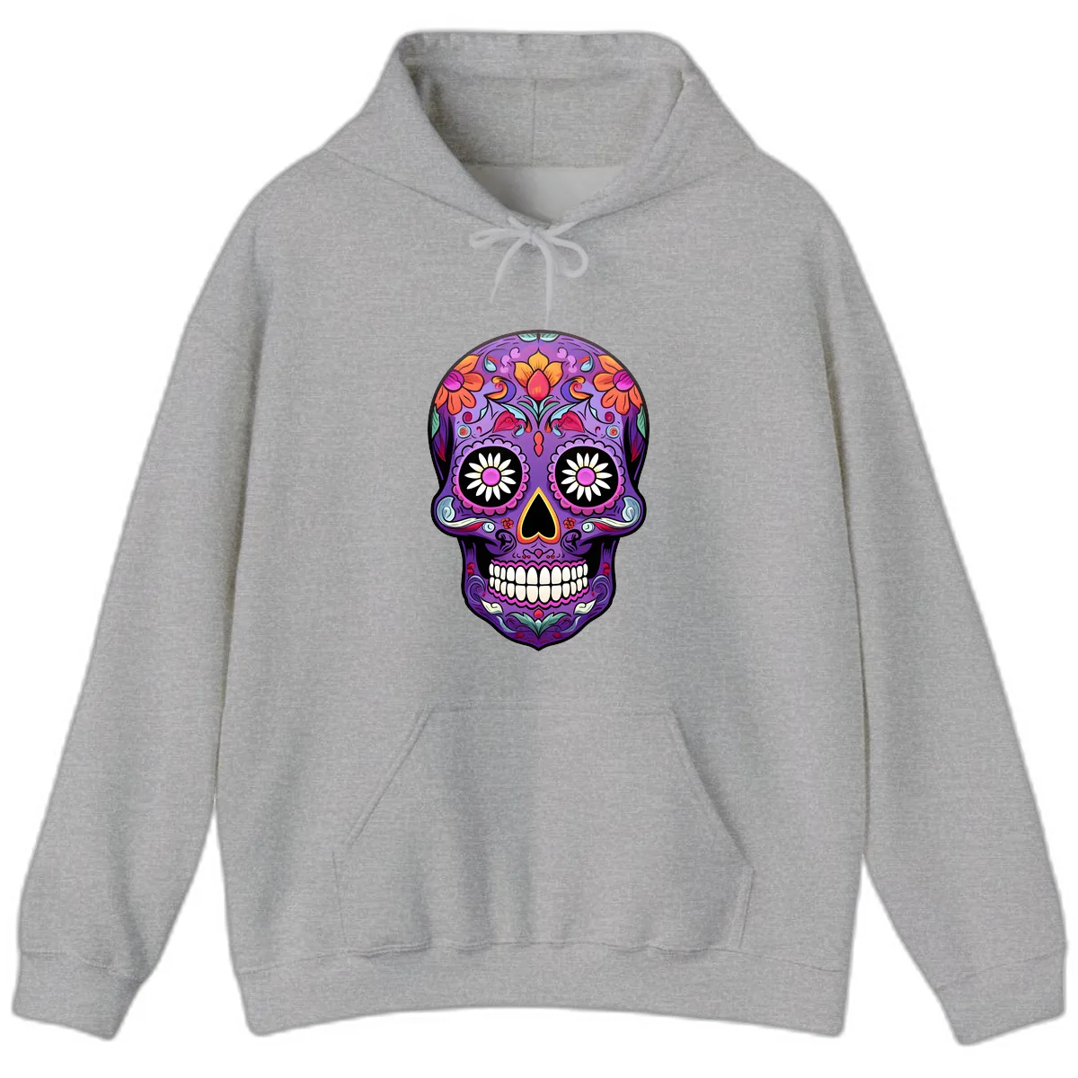 Vibrant Floral Calavera Sugar Skull Hoodie in Sport Grey