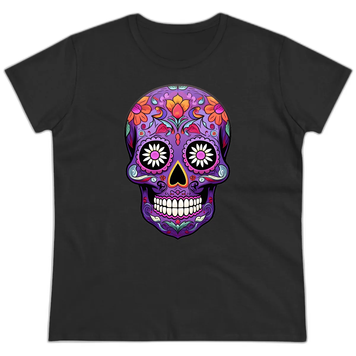 Vibrant Floral Calavera Sugar Skull Ladies Tee in Black