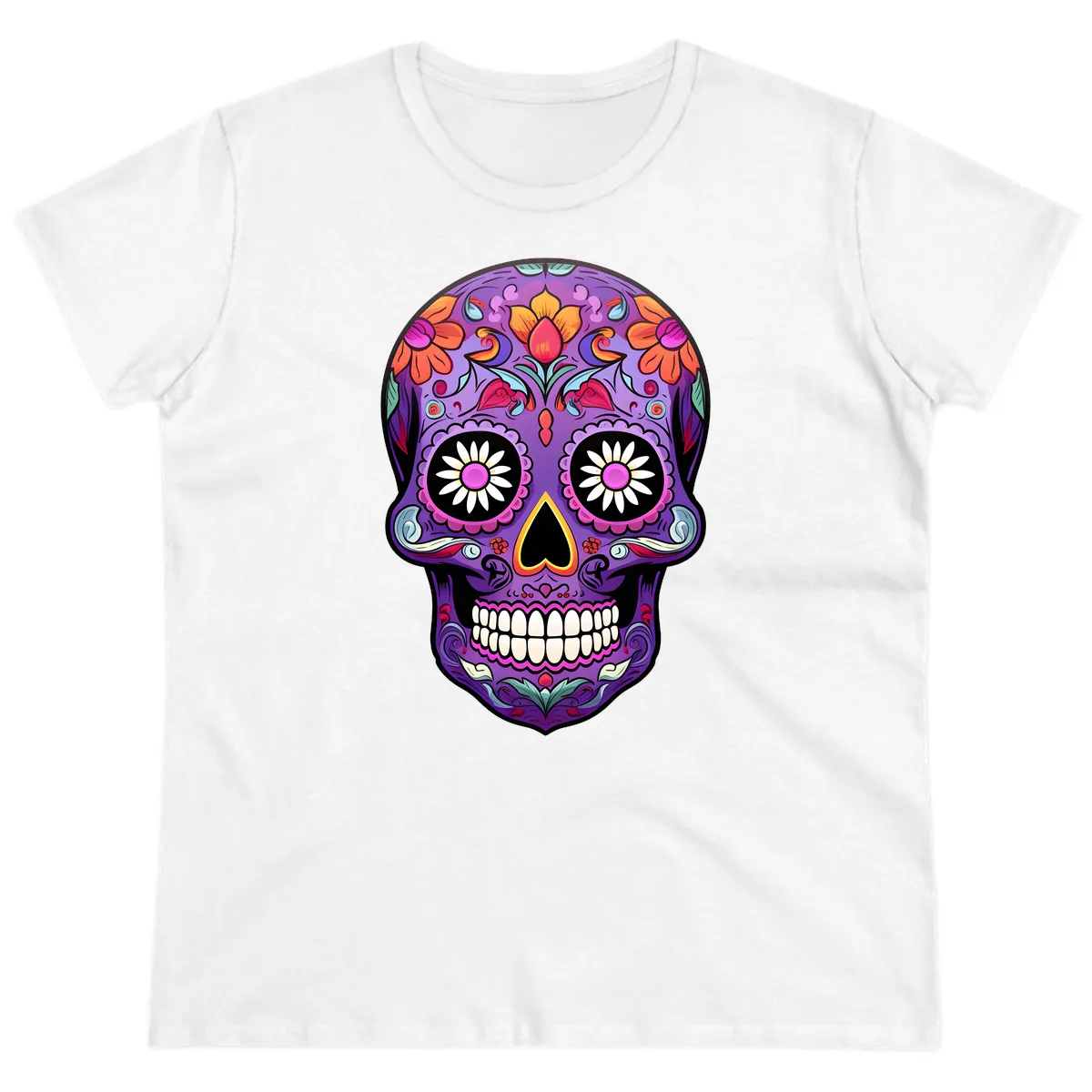 Vibrant Floral Calavera Sugar Skull Ladies Tee in White