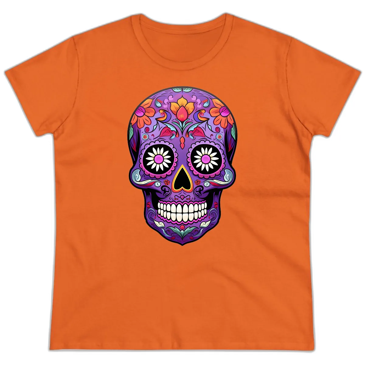 Vibrant Floral Calavera Sugar Skull Ladies Tee in Orange