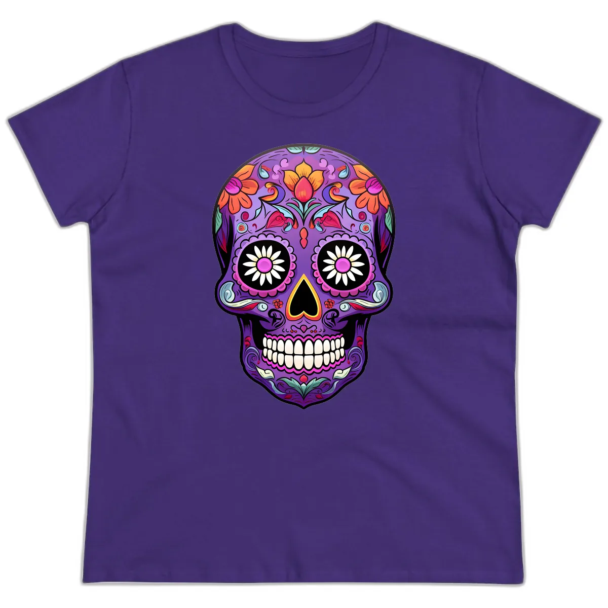 Vibrant Floral Calavera Sugar Skull Ladies Tee in Purple