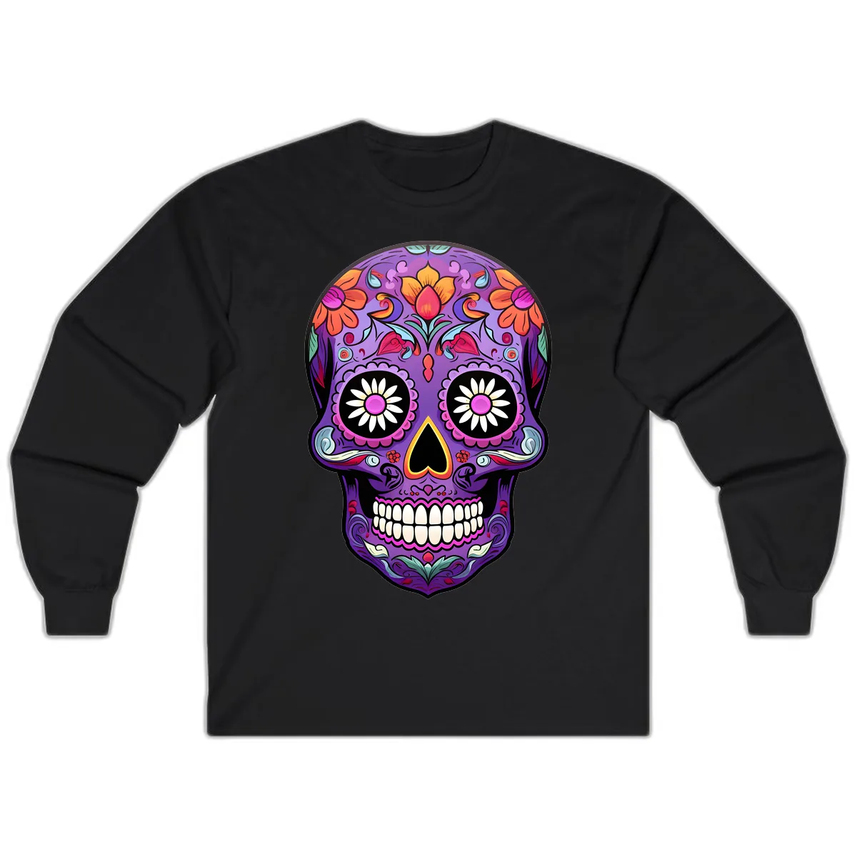 Vibrant Floral Calavera Sugar Skull Long Sleeve in Black