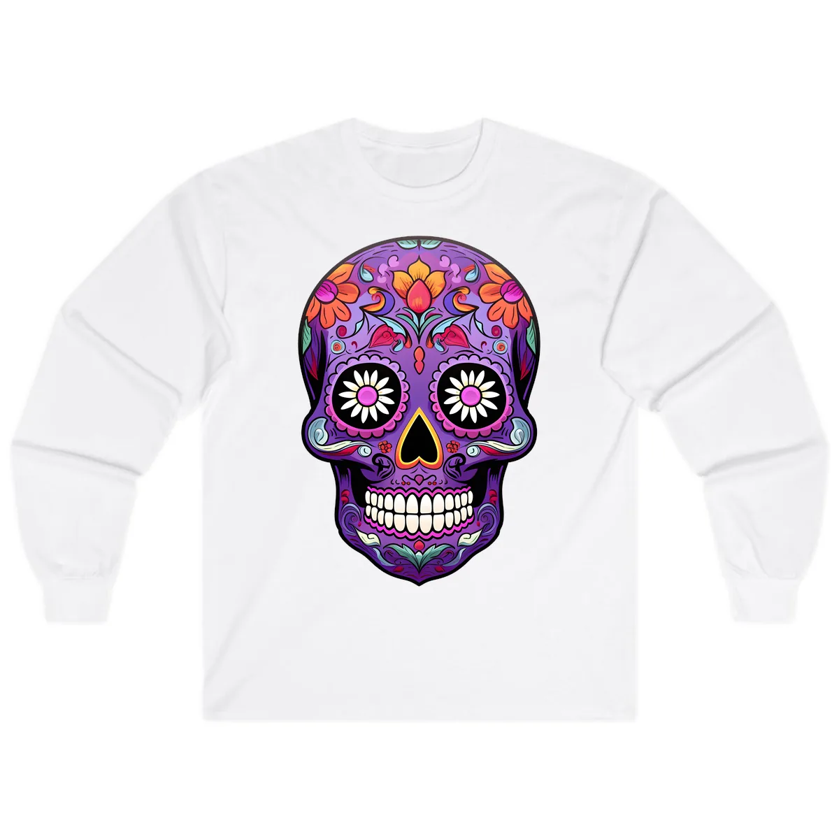 Vibrant Floral Calavera Sugar Skull Long Sleeve in White
