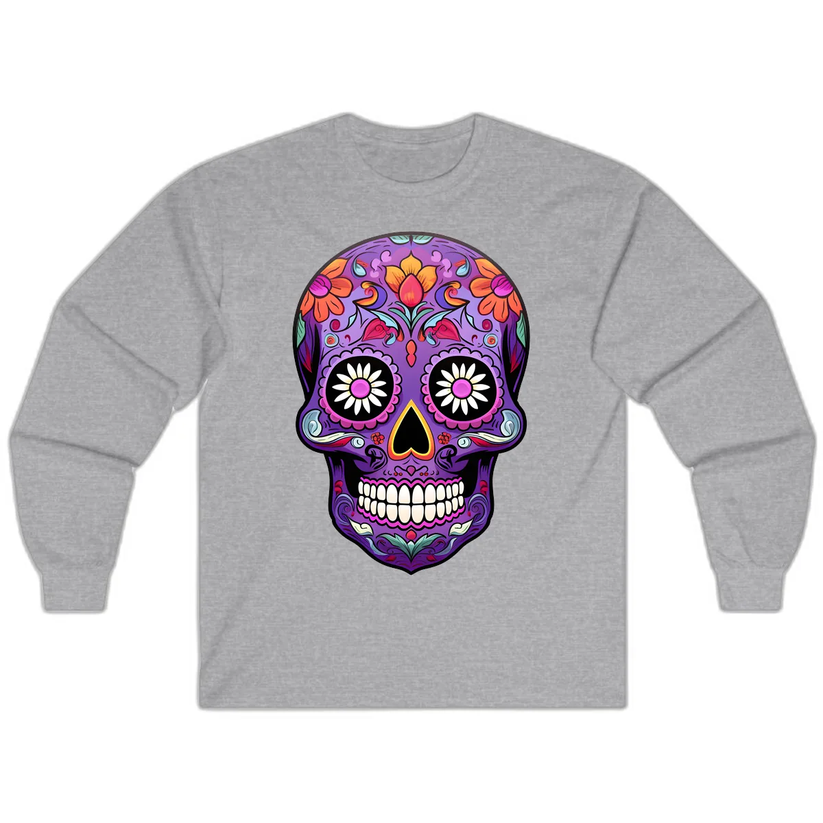 Vibrant Floral Calavera Sugar Skull Long Sleeve in Sport Grey