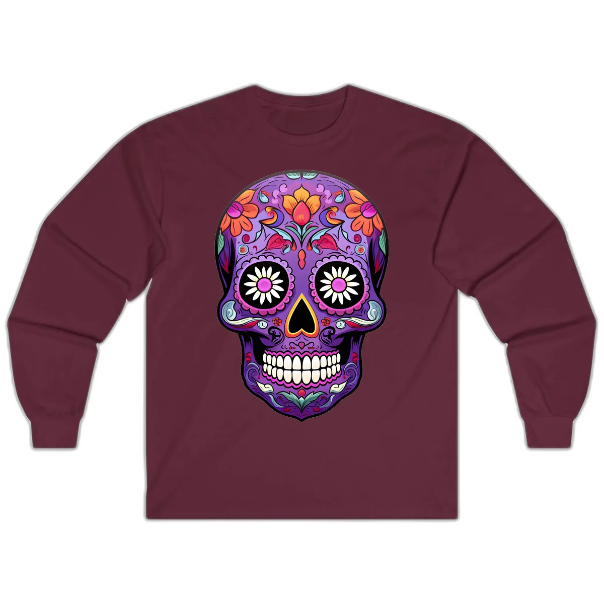 Vibrant Floral Calavera Sugar Skull Long Sleeve in Maroon