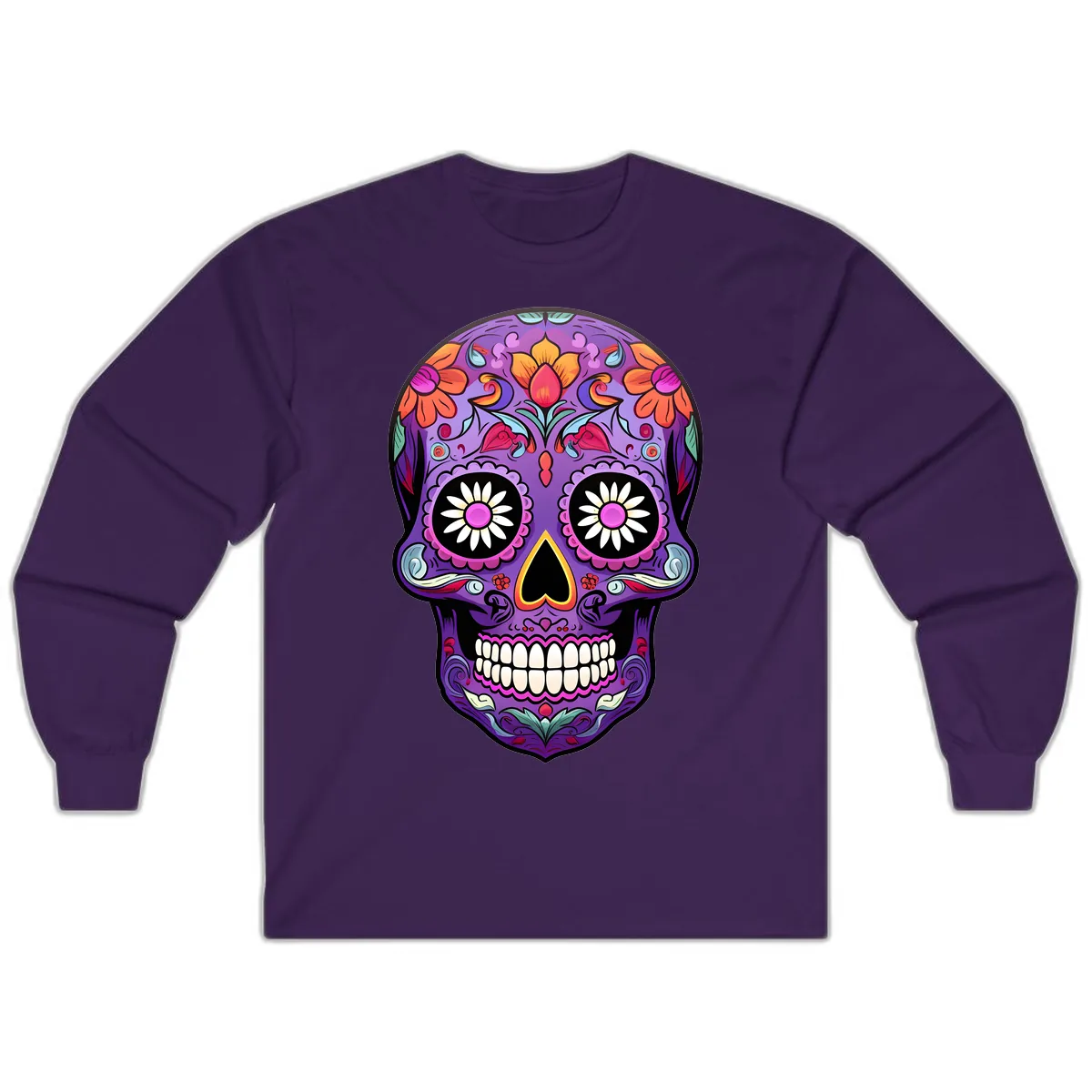 Vibrant Floral Calavera Sugar Skull Long Sleeve in Purple