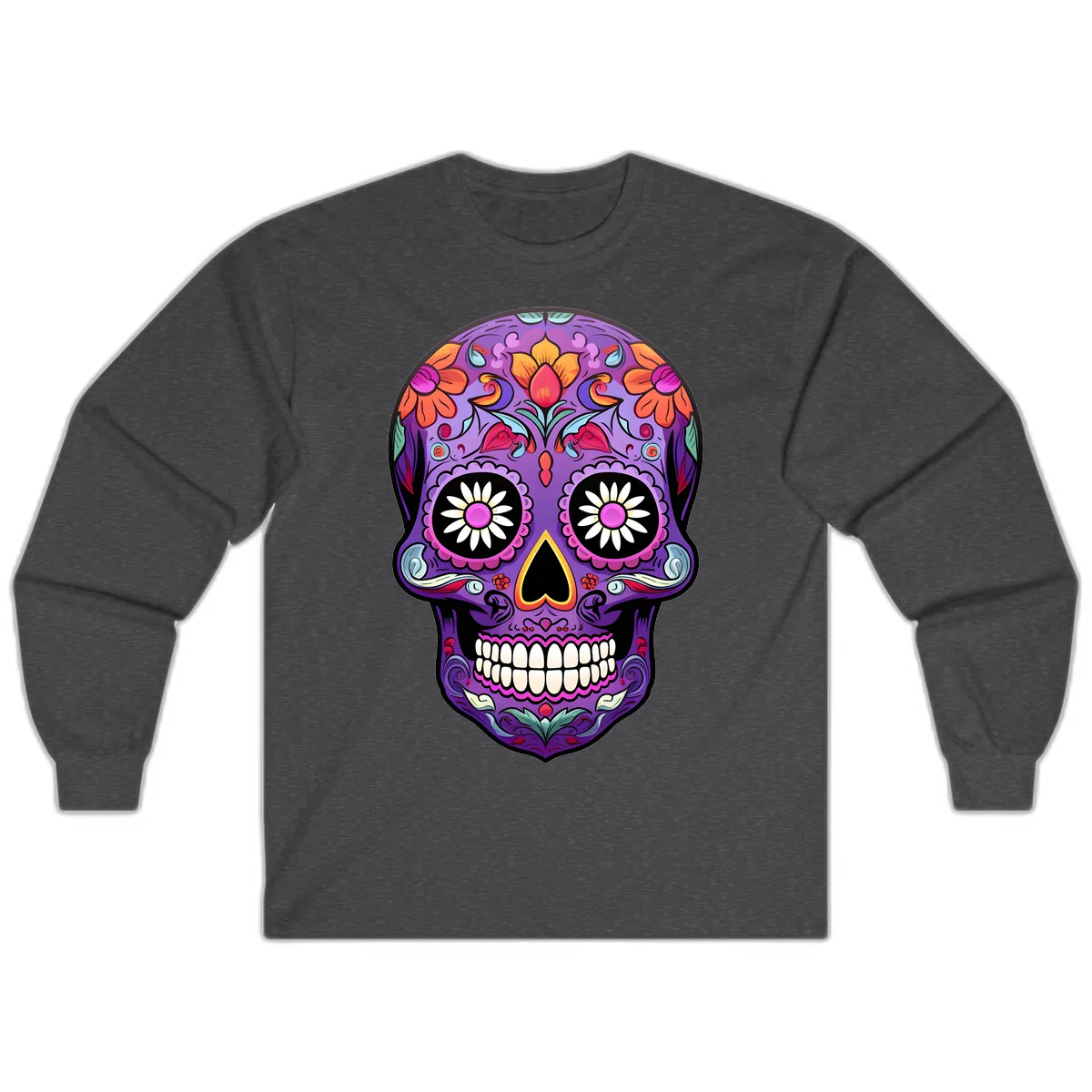 Vibrant Floral Calavera Sugar Skull Long Sleeve in Dark Heather