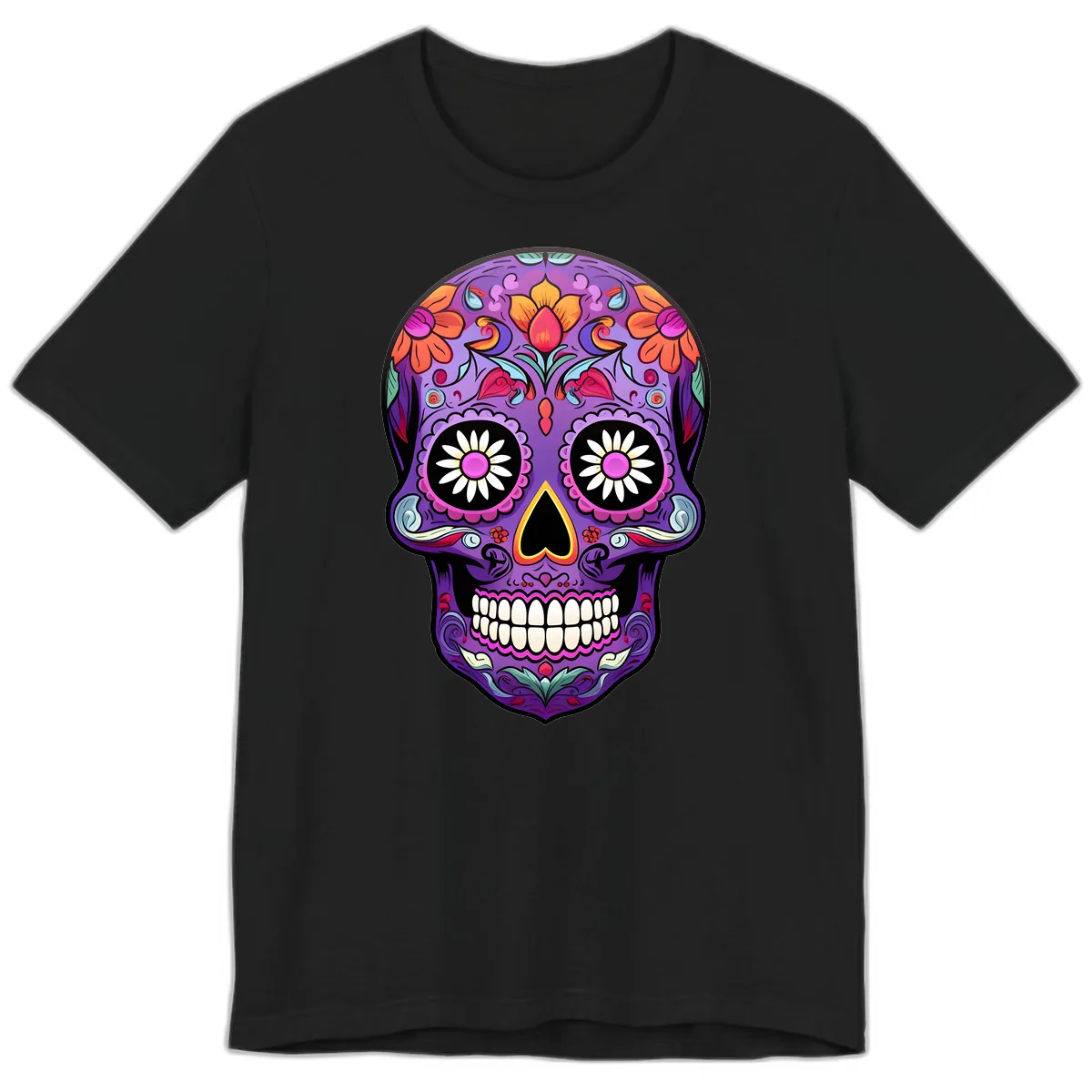Vibrant Floral Calavera Sugar Skull Premium T-Shirt in Black