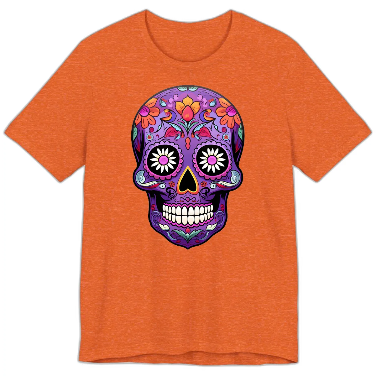 Vibrant Floral Calavera Sugar Skull Premium T-Shirt in Heather Orange