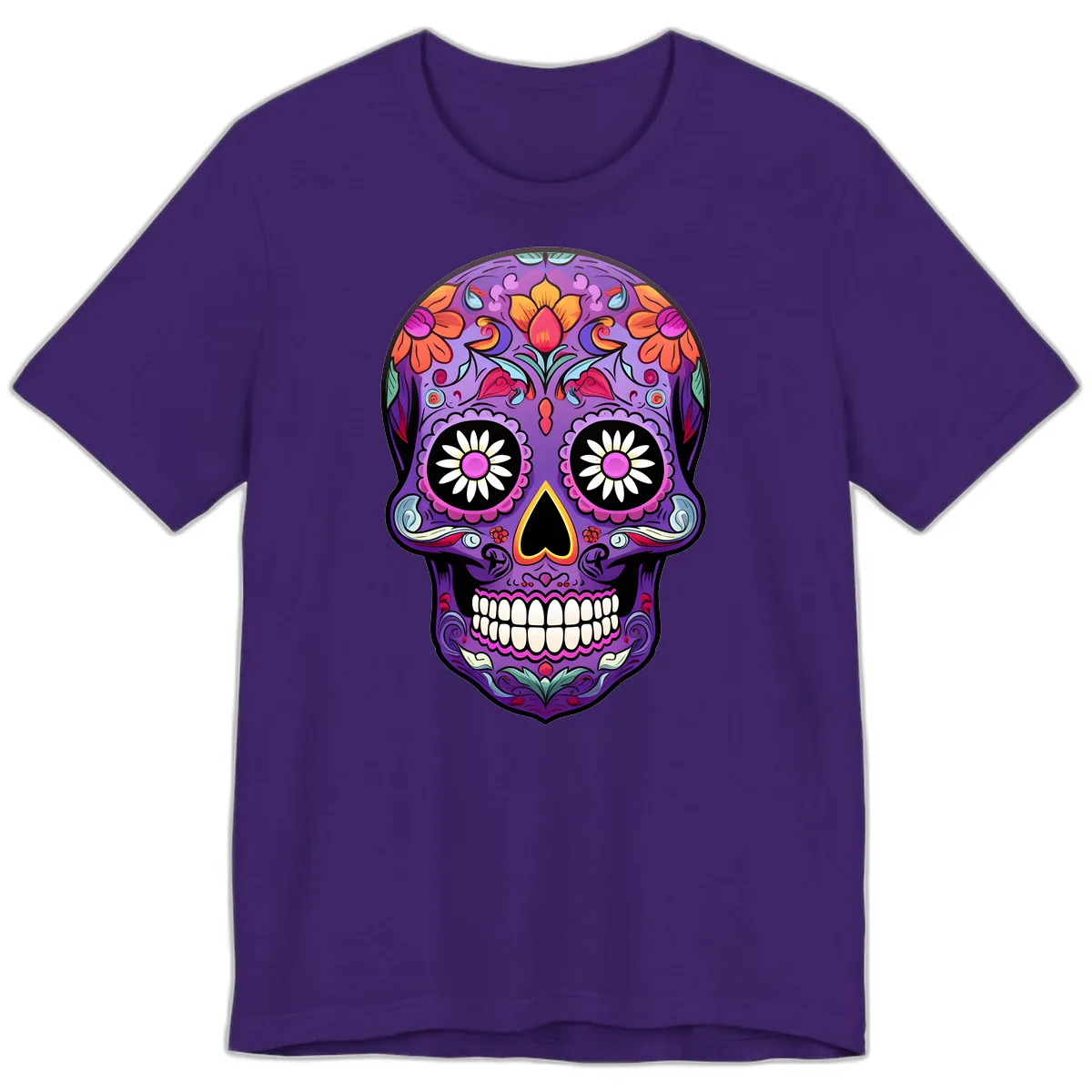 Vibrant Floral Calavera Sugar Skull Premium T-Shirt in Team Purple