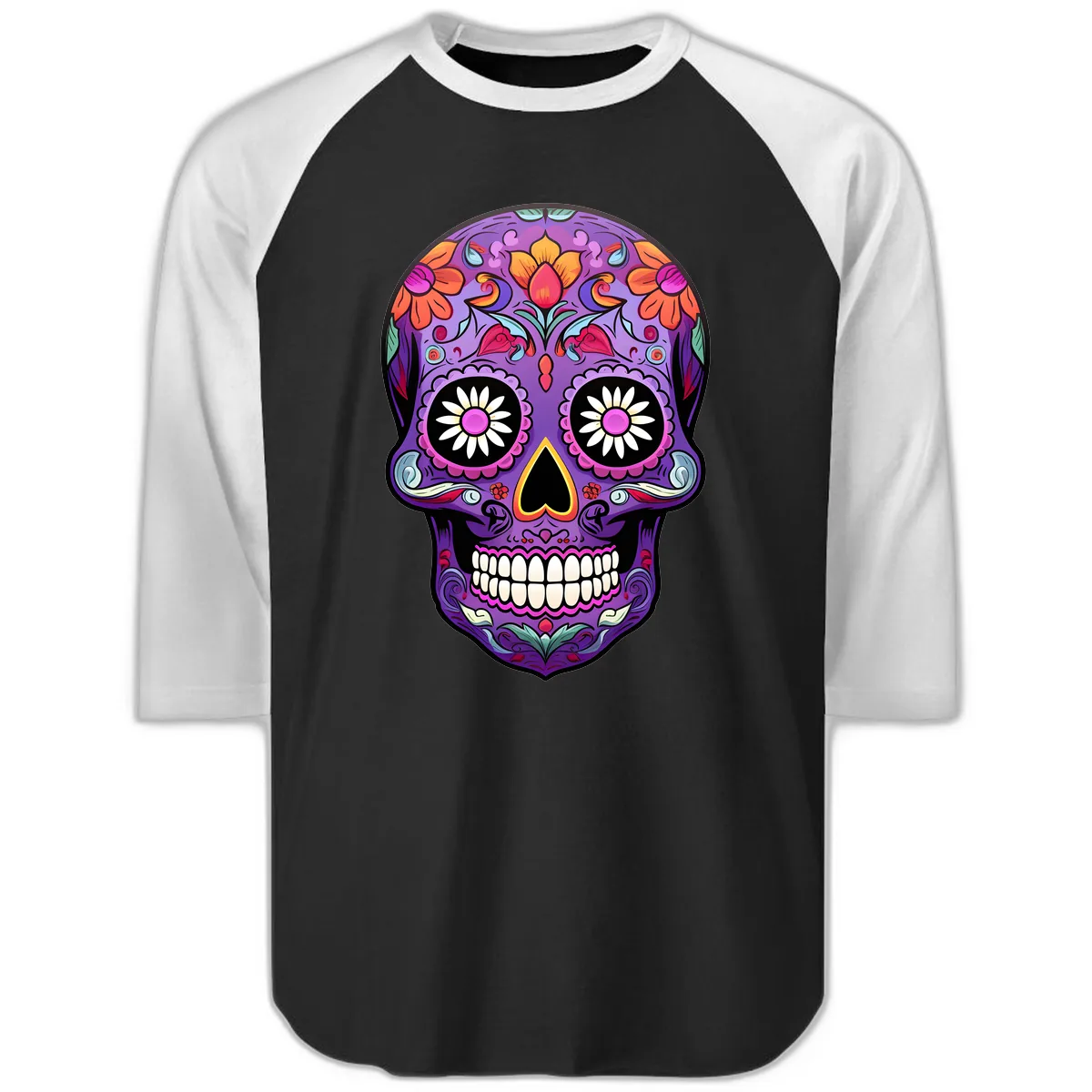 Vibrant Floral Calavera Sugar Skull Raglan 3/4 in Black White