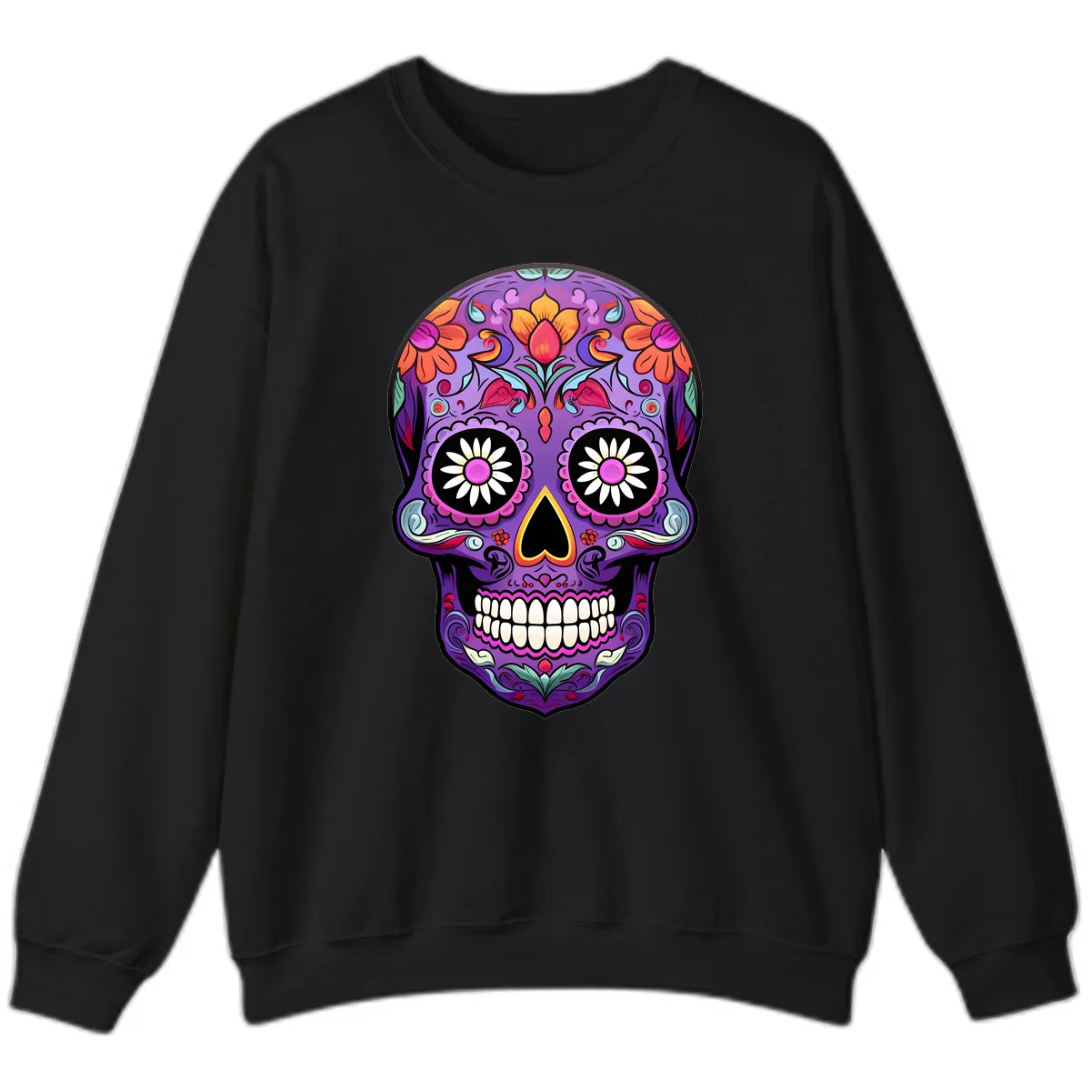 Vibrant Floral Calavera Sugar Skull Sweatshirt in Black