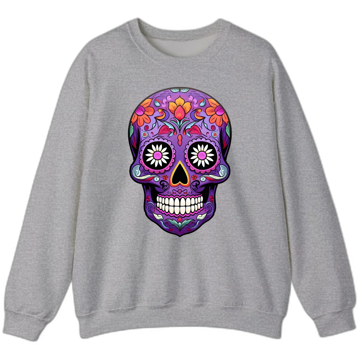 Vibrant Floral Calavera Sugar Skull Sweatshirt in Sport Grey