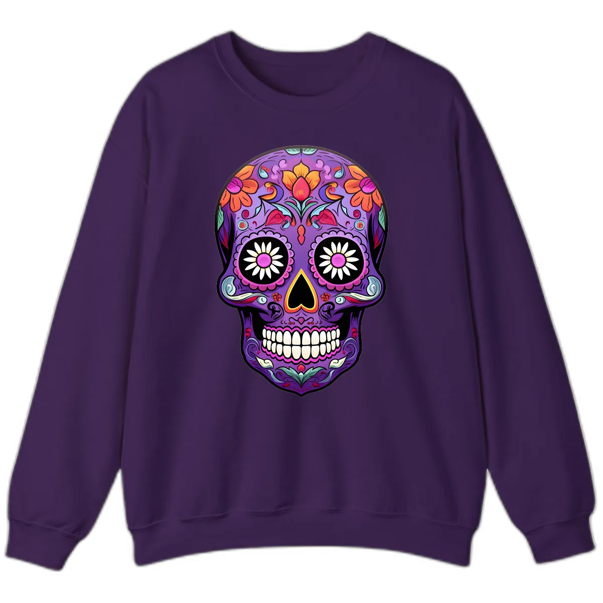 Vibrant Floral Calavera Sugar Skull Sweatshirt in Purple