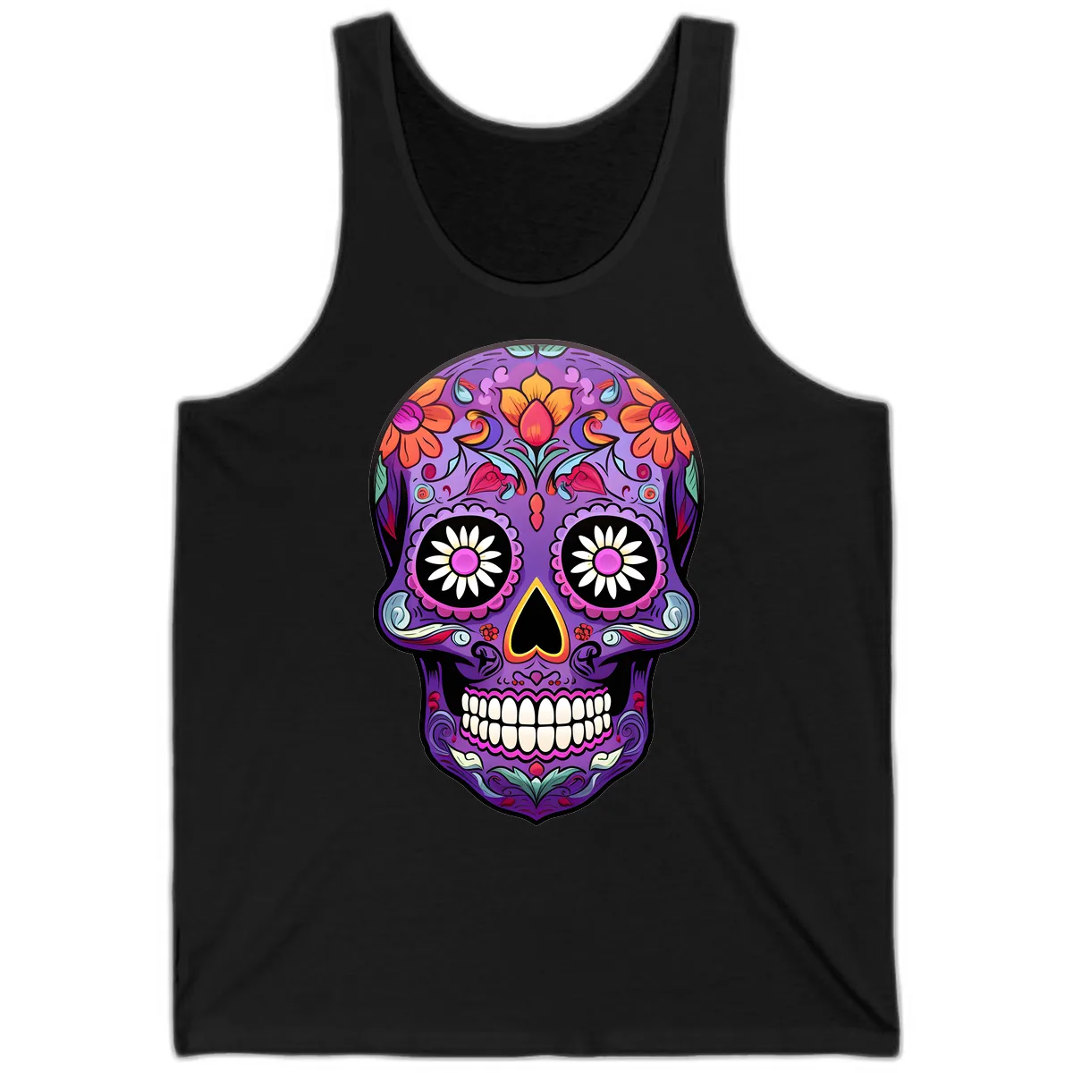 Vibrant Floral Calavera Sugar Skull Tank in Black
