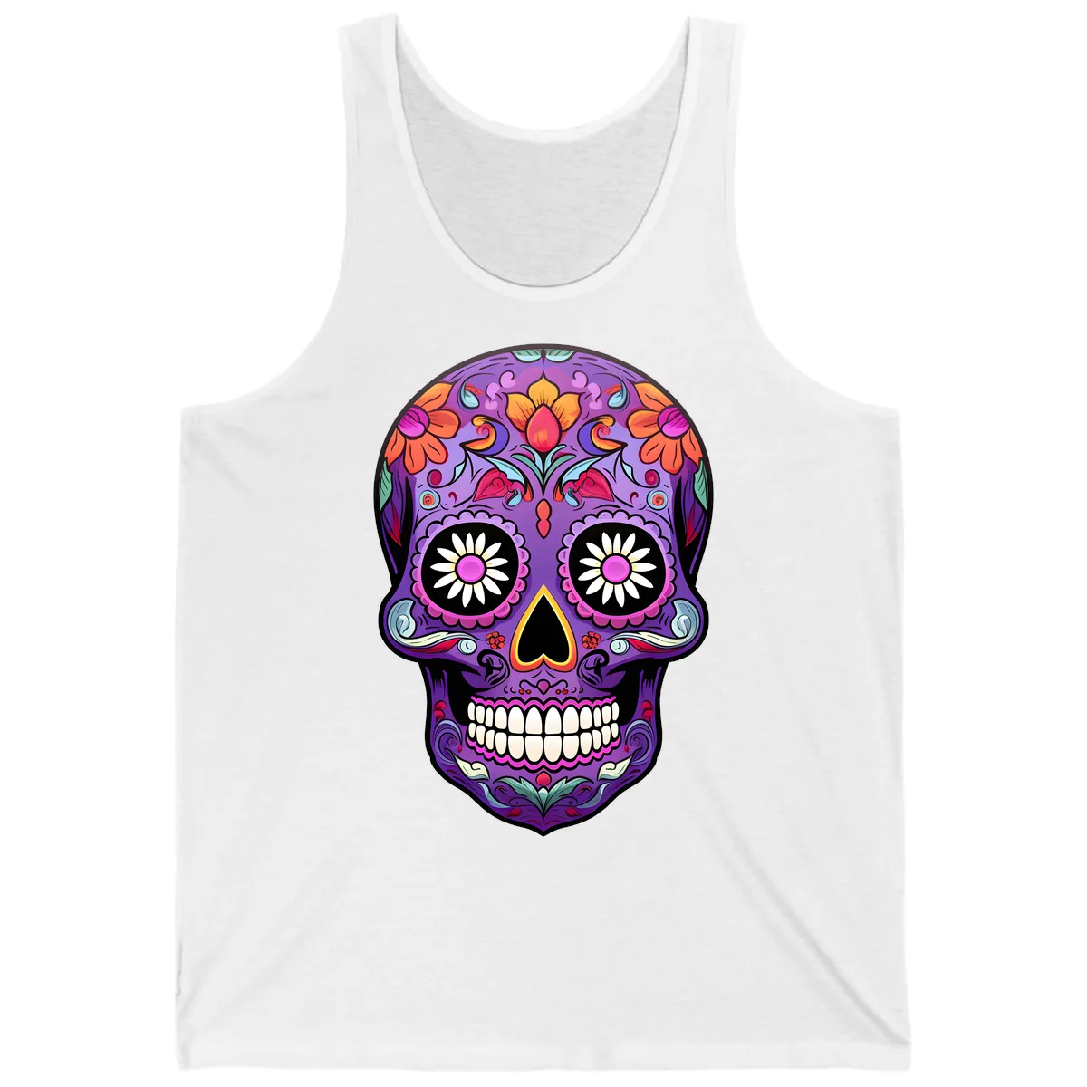 Vibrant Floral Calavera Sugar Skull Tank in White