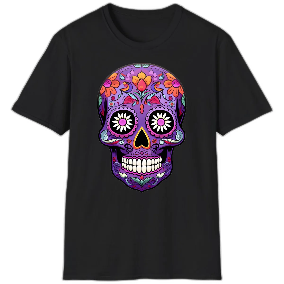 Vibrant Floral Calavera Sugar Skull T-Shirt in Black