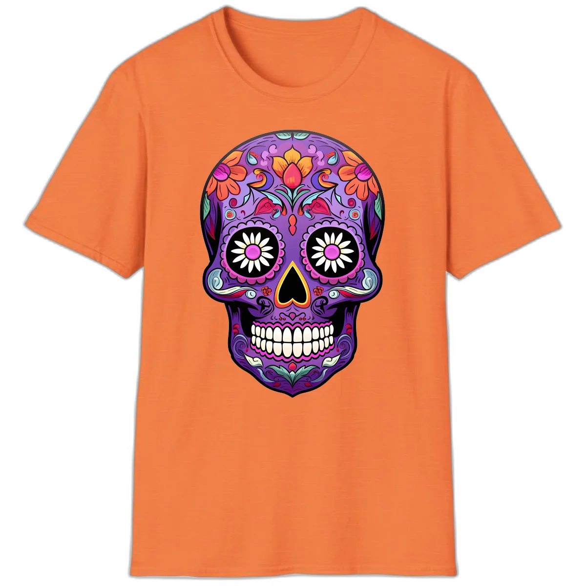Vibrant Floral Calavera Sugar Skull T-Shirt in Heather Orange