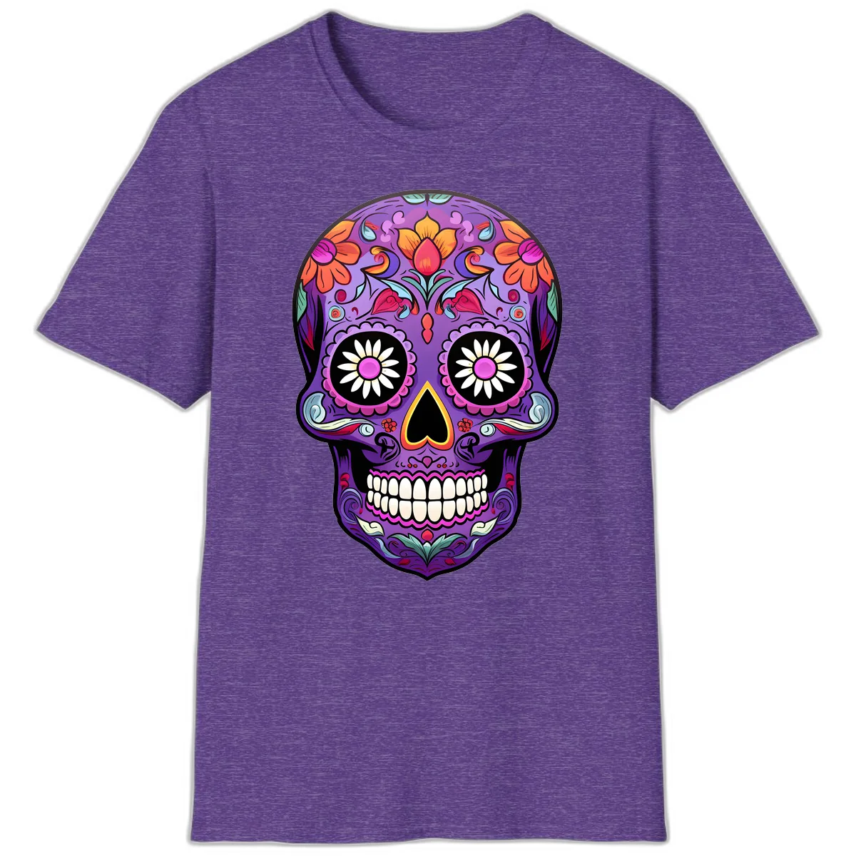 Vibrant Floral Calavera Sugar Skull T-Shirt in Heather Purple