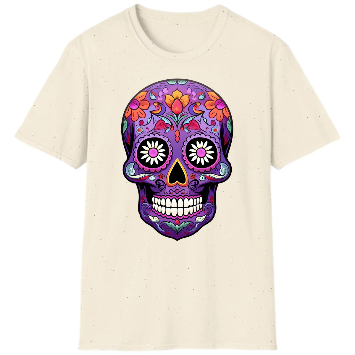 Vibrant Floral Calavera Sugar Skull T-Shirt in Natural