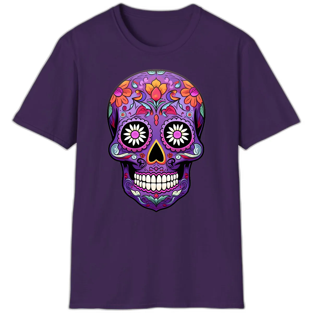 Vibrant Floral Calavera Sugar Skull T-Shirt in Purple