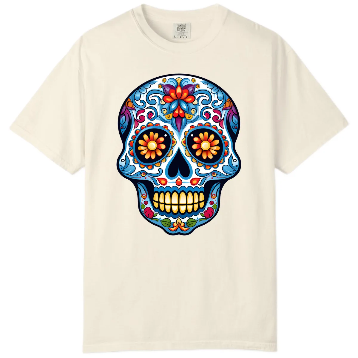 Vibrant Floral Calavera Sugar Skull Comfort Color in Ivory