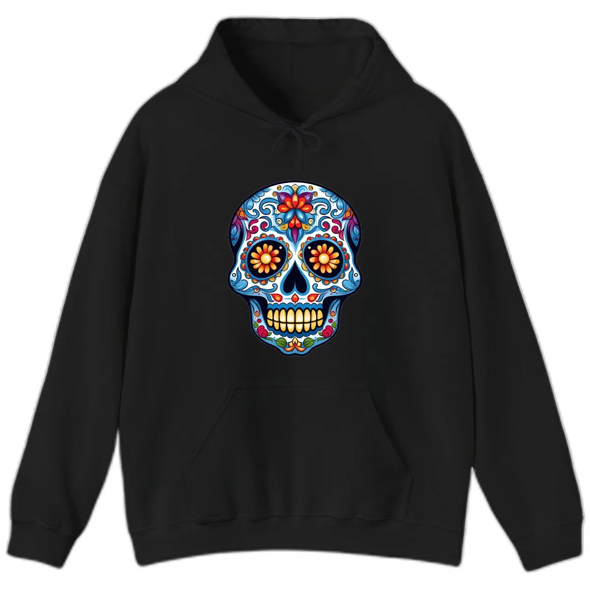 Vibrant Floral Calavera Sugar Skull Hoodie in Black