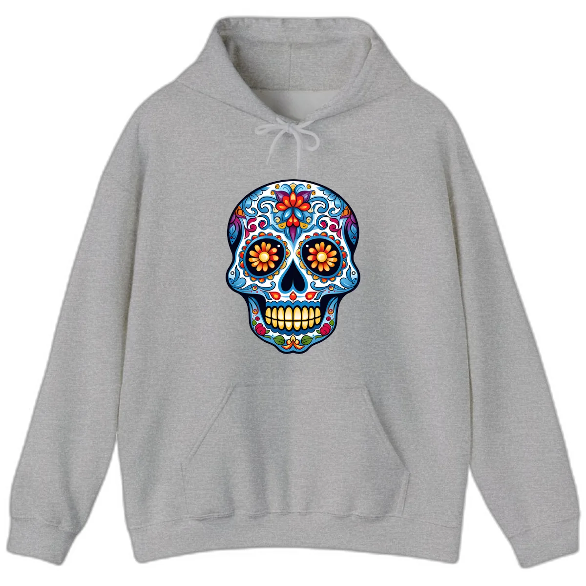 Vibrant Floral Calavera Sugar Skull Hoodie in Sport Grey