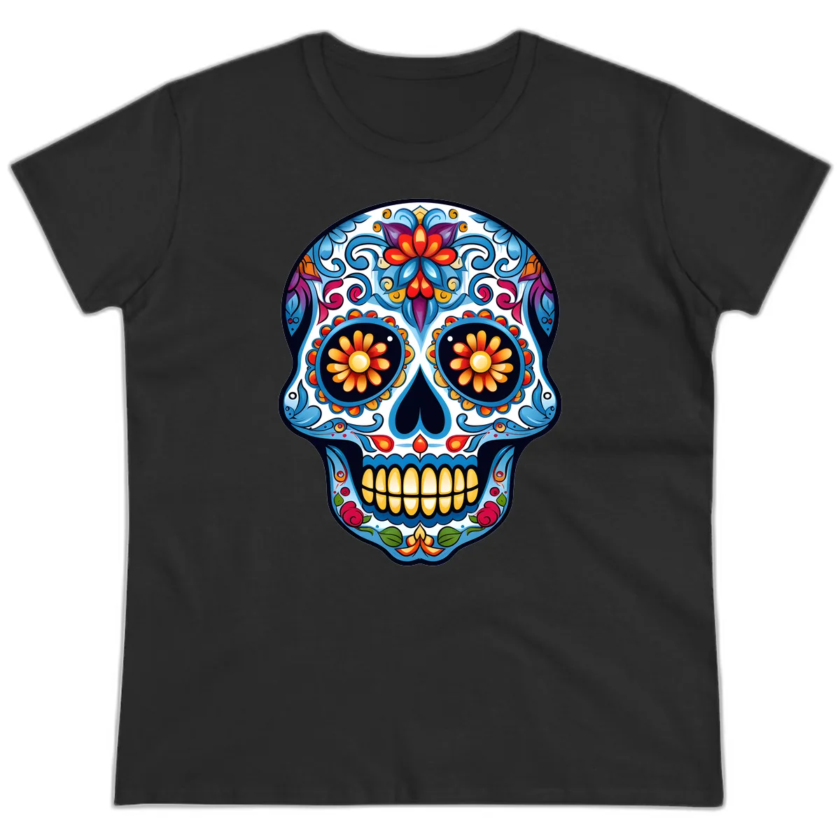 Vibrant Floral Calavera Sugar Skull Ladies Tee in Black